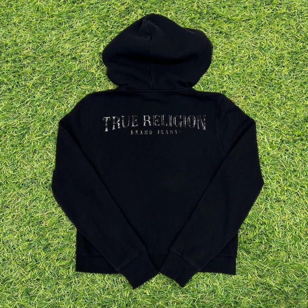 True Religion black zip up loungewear hoodie with zipper and logo on back